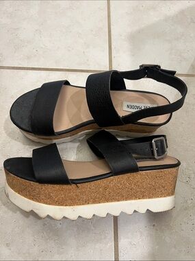Steve Madden Black Leather Cork Wedge Sandals
